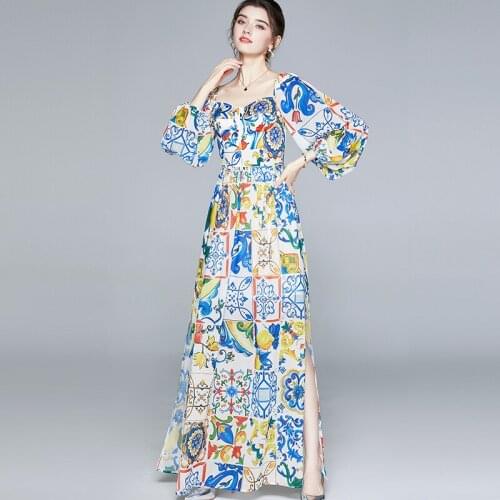 Floor-length Autumn Women Long Lantern Sleeve Off Shoulder Split Party Dress Runway Blue And White Porcelain Flower Maxi Dress