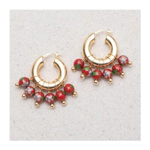 Alibaba aliexpress boho handmade 2020 vintage red Cloisonne enamel earrings jewelry nature stones earrings Chinese wind серьги
