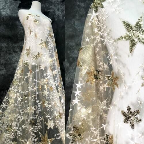 Heavy industry sequins embroidered star mesh fabric apricot gold colour lace fabric for sewing formal dress 0.5X1.6M