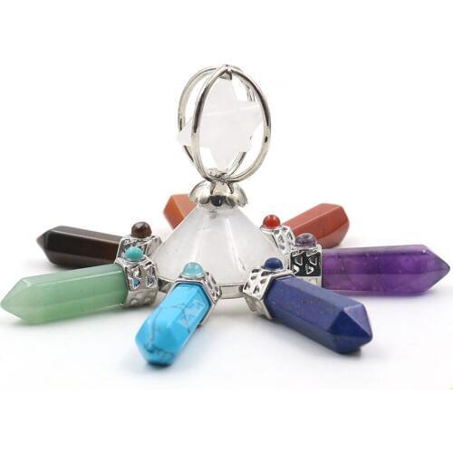 FYJS Unique Silver Plated Rock Crystal Merkaba Symbol Round Pyramid Metaphysical Pendant Black Agates Healing Chakra Jewelry