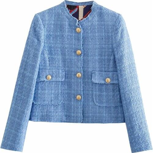 2021 Za Women New Fashion Metal Buttons Cropped Tweed Jacket Coat Vintage Long Sleeve Flap Pockets Female Outerwear Chic Tops