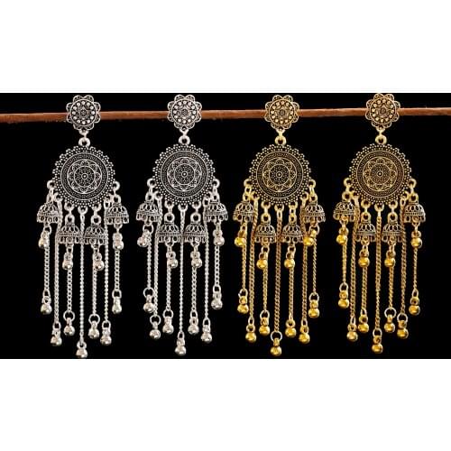 Womens Retro Big Gold Jhumka Earrings Indian Jewelry Classic Beads Long Chain Tassel Dangle Earrings Hangers Womens Jewelry
