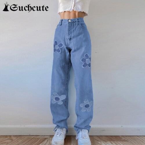 SUCHCUTE Kawaii Floral Print Mom Jeans Hight Waist Women Baggy Pants Harajuku Korean Fashion Casual Y2K Trousers Streetwear 2021