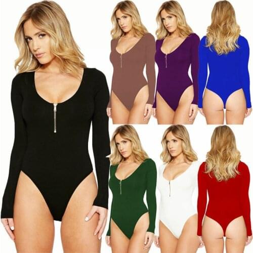 Womens One-Piece Swimsuit Sexy Bodybuilder Tight Solid Color Zipper Long Sleeve Bottoming Top