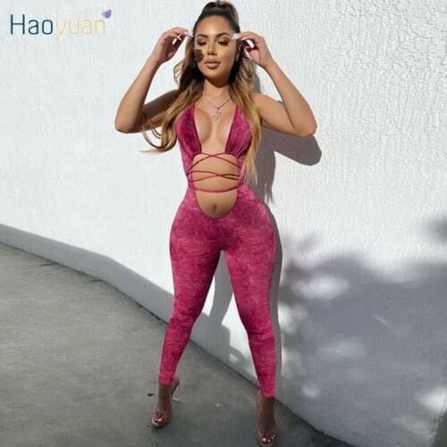 HAOYUAN Sexy Print Bodycon Jumpsuit Bandage Backless Summer Romper Women Fitness Pants Hollow Overalls One Piece Club Outfits