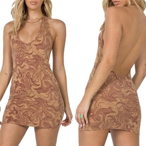 Backless V Neck Abstract Printed Halter Dress Women Sexy Summer Short Mini Dresses Hanging Neck Sleeveless Slim Bodycon Vestidos