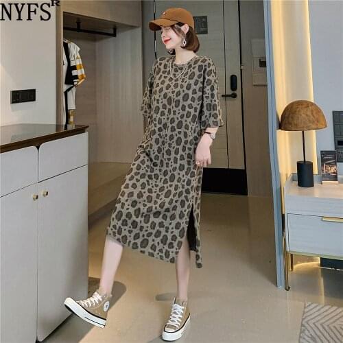 NYFS Summer Dress 2021 Korean New Loose Split Leopard Woman Dress Vestidos Robe Elbise Fashion Short Sleeve Dress
