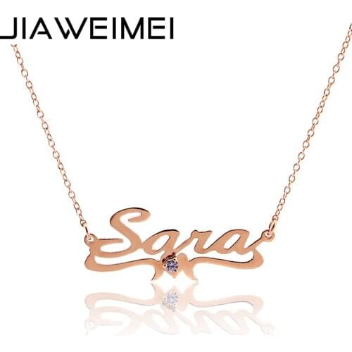Women Girl Rose Gold Plated Silver 925 Custom Name Plate Necklace with Birthstone Personalized Heart Deco