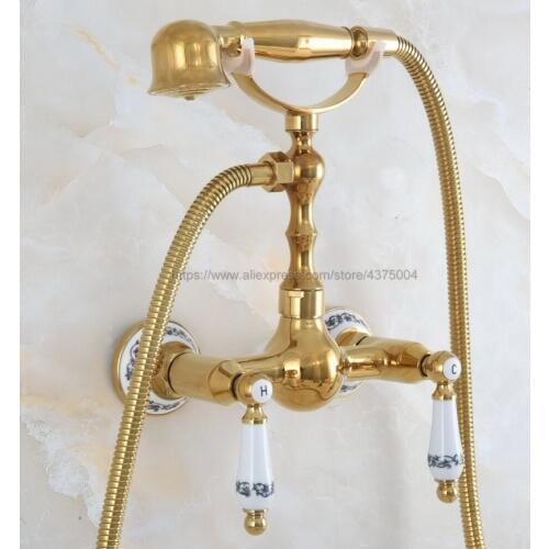 Golden Wall Mounted Bathroom Faucet Bath Tub Mixer Tap With Ceramic Handle Hand Shower Head Shower Faucet Sets Nna839