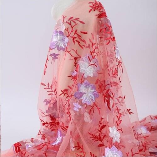 1meter/lot Pink red net yarn embroidery flower lace fabric mesh material 135cm diy dress clothing accessories