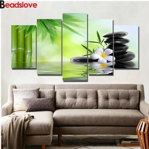 5 Panel Stone bamboo Magnolia Flowers 5D DIY Diamond Painting cross stitch mosaic full square/round diamond embroidery