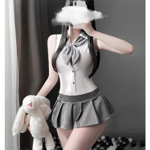 Anime School Girls Uniforms Cosplay Sleeveless Hollow Out Backless Bodysuit with Plaid Mini Skirt Tie Sexy Clubwear Drop Ship
