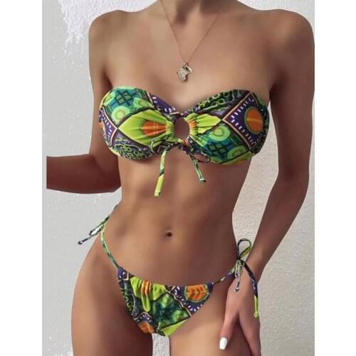 Bikini 2021 Women Tube Top Sexy Boho Style Geometric Print Bandeau Tie Side Swimsuit BIkini Beachwear Swimming Suit For Women