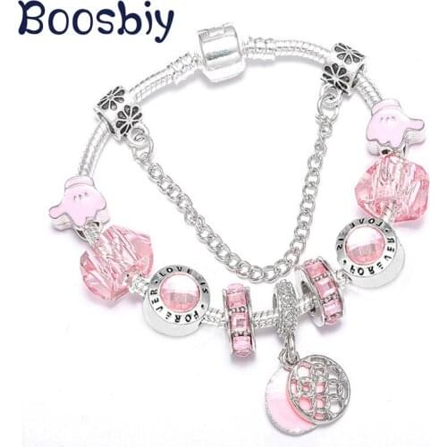 Boosbiy Dropshipping Silver Plated Snake Chain Charm Bracelet With Forever Love Beads for Women DIY Brand Bracelet Jewelry Gift