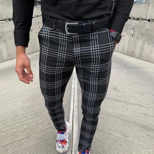 Mens Casual Pants Plaid Social Slim Fit Black Trousers Zipper Mid Waist Skinny Business Office Work Party Male Summer Pants