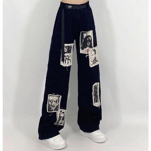 Harajuku Hip Hop High Waist Pants Loose Streetwear Trouser Spring Women Cargo Pants Vintage Black Patch Pattern Wash Jean Pants