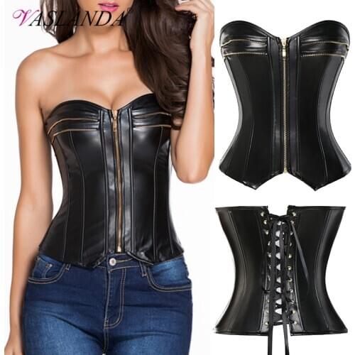 Bustiers & Corsets Faux PU Leather Corset Tops Lace Up Boned Overbust Corselet Steampunk Gothic Waist Cincher Rock Bustiyer