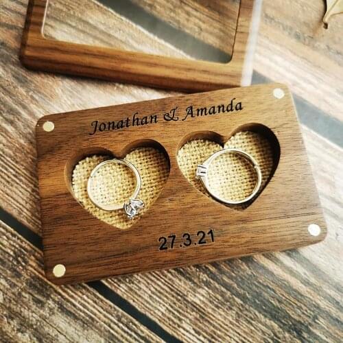 Customized Couple Wood Engagement Ring Bearer Box Rustic Custom Name Date Personalized Wedding Jewelry Double Heart Ring Holder
