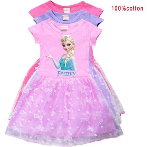 Disney Kids Frozen Dresses for Girls Girls Summer New Dress Girls Short Sleeve Round Neck Sequined Elsa Princess Cotton Dress