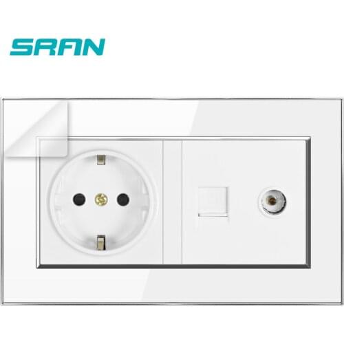 SRAN EU Wall Power Socket + TV with Internet socket RJ45 CAT5 Retardant crystal acrylic panel 146*86mm Electricity outlet