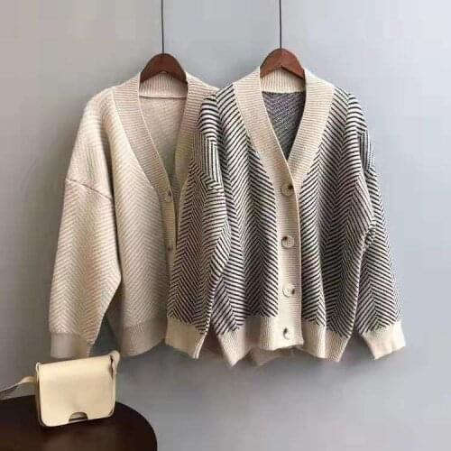 Cardigans women elegant striped pattern 2020 autumn winter cardigan vintage jumper lady fashion oversized knitted cardigan coat