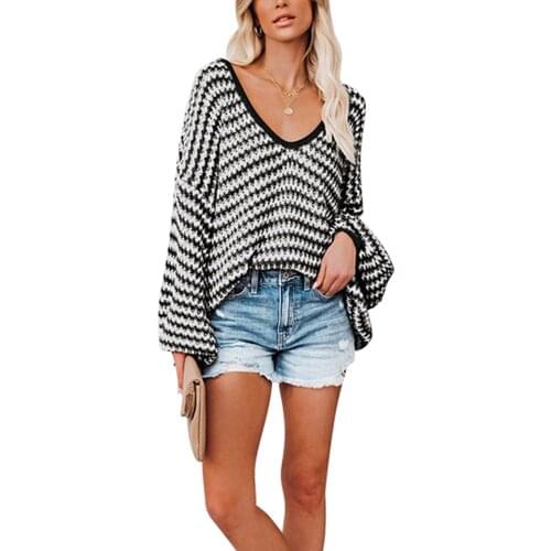 Hot Selling Womens Loose Sweater U-neck Balloon Sleeve Stripe Pattern Top