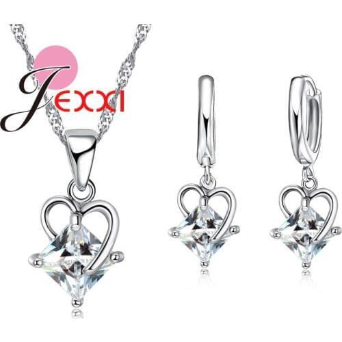 Fashion Elegant Pendant Necklace Hoop Earrings Sets Heart Cubic Zircon Crystal Wedding Engagement Jewellery Set For Women