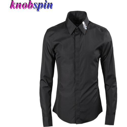 Solid Men Shirt 2019 Long sleeve Cool Skull Embroidery collar Slim Casual business male Dress Shirts Brand 80% Cotton Camisas