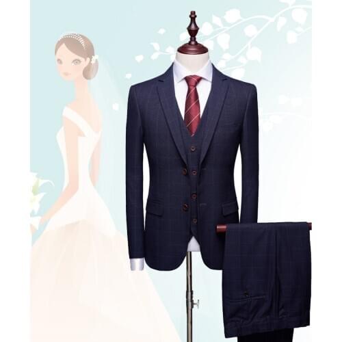 Mens Suits 2020 Wedding Suits For Men 3 Pieces Slim Fit Blue Gray Navy Suit Mens Tuxedo Jacket For Business (Blazer Pants Vest)