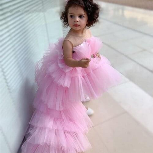 New Princess Pink Tulle Flower Girl Dresses Baby Wedding Party Gown High-Low Kid Brithday Dress First Communion Gown