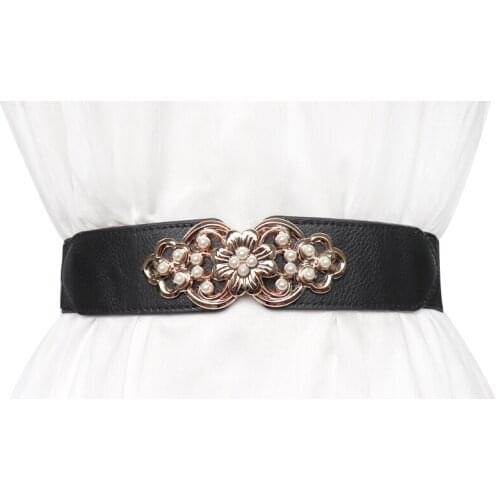 New Deisgn Red Cumerbunds Girl Beauty Pearl Buckle Belt Skirt Decorate Accessories Fashion Black Elastic Waistbands Dress Women
