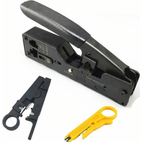 RJ45 Crimping Tool with Lock + Wire Stripper Cutter for Cat5 Cat6 Cat7 6P, 8P Crimping Network Repair Tool Metal Clip Pliers