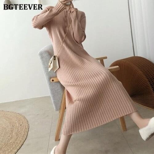 BGTEEVER O-neck Single-breasted Women Knitted Dress Autumn Winter Slim Full Sleeve Female Pullover Sweater Dress Vestidos 2021