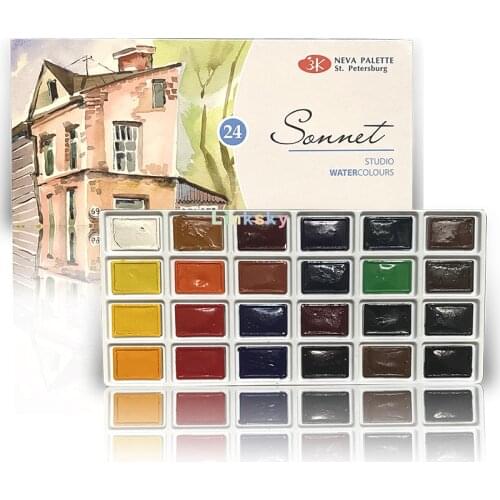 Russian White Nights Art Solid Watercolor Paint 24 Colors Conem Sonnet Student/Artist Grade Water Color Pigment Nevskaya Palitra