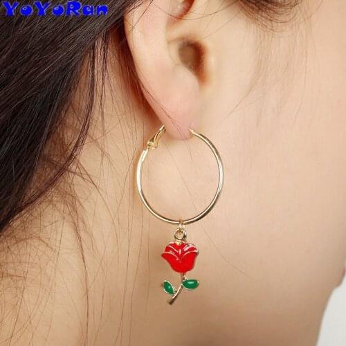 2Pair oil drop rose flower hoop earrings for woman 2.8 cm diameter circle round hook earring wedding bride earring jewerly