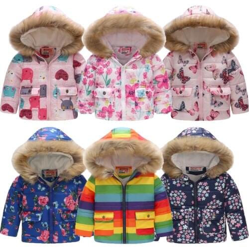 Warm Winter Girls Jackets Fashion Printed Hooded Outerwear For kids Internal Plus Velvet Warm Girls Coats Christmas Present