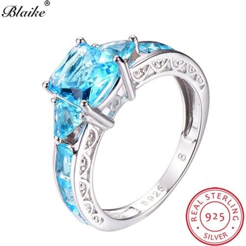 Blaike Unique Aquamarine Square Rings For Women 925 Sterling Silver Light Blue Crystal Zircon Birthstone Ring Female Jewelry