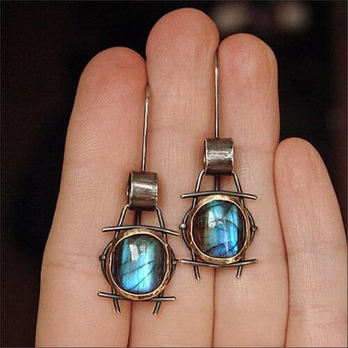 Vintage Geometric Moonstone Earrings for Women Gift Classic Ancient Silver Color Drop Earrings Party Jewelry 2020 Hot Sale