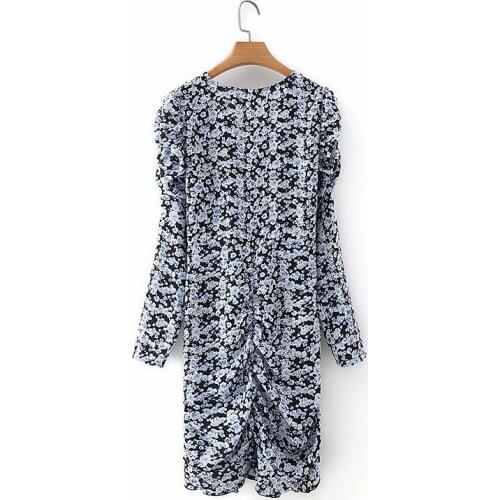 Long puff sleeve knot floral short dress women v neck sexy spring summer mini dress print dress vestidos mujer