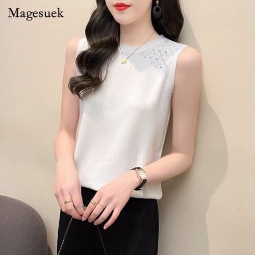 Ice Silk 2021 Summer New Women Blouse Vest Loose Knitted Solid Hollow Out Tops Casual Elegant Office Lady Blouse Blusa 15596