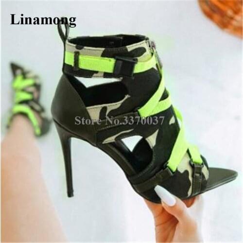Newest Women Brand Design Patchwork Stiletto Heel Straps Buckles Cross Sandals Cut-out Neon Yellow Snake High Heels Dress Shoes