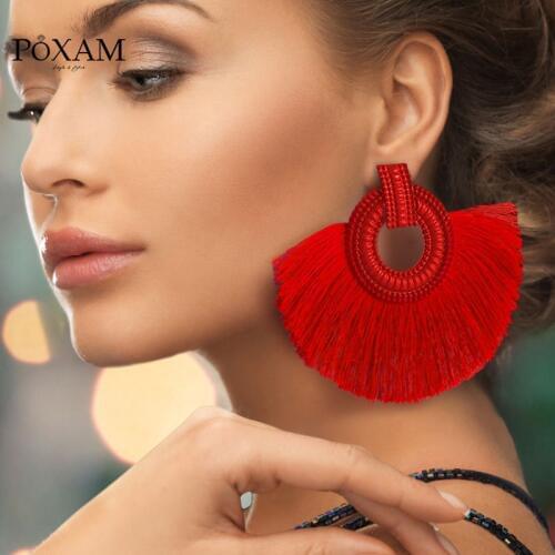 Vintage Boho Red Tassel Crystal Big Drop Earrings For Women Wedding Feast Statement Fringe Earrings 2019 Fashion Woman Jewelry