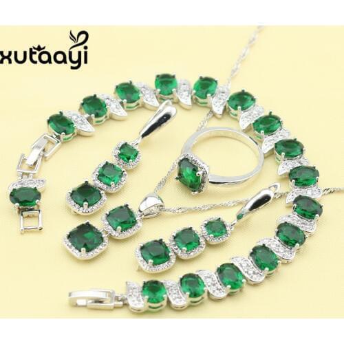 Women Four Piece Green Imitated Emerald Fashion Silver color Jewelry Sets Fetching Necklace Ring Earring Bracelet Free Box