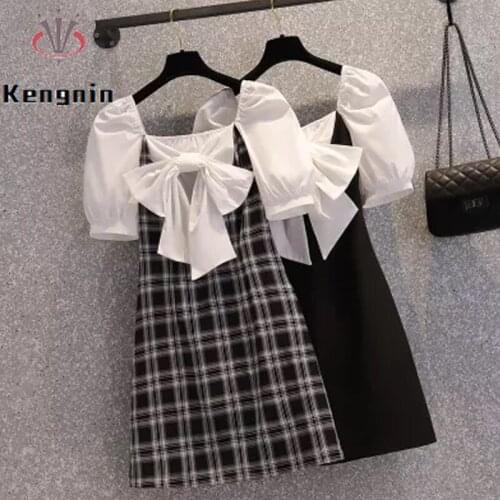 Oversized Dressed Women 2021 Summer Black Plaid Big Bow Ladies Dresses Vestidos Patchwork Cute Female Robe Dress KE1150