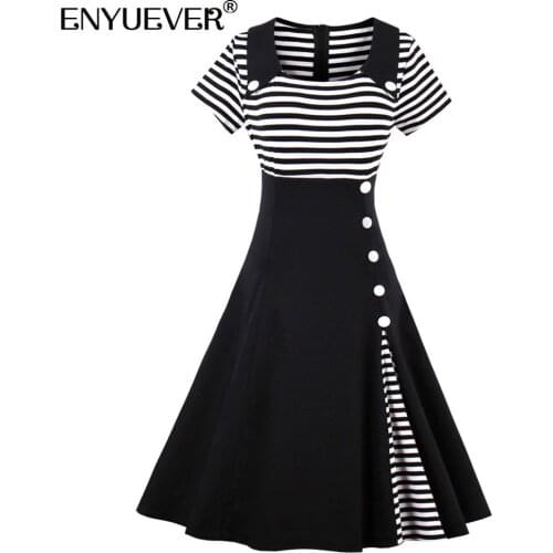 Enyuever Vintage Dress Retro Summer Clothing Cotton Black Navy Blue Striped Patchwork Robe Pin Up Swing Women Casual Dresses