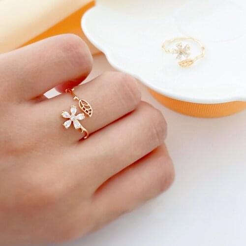Gold-clad French literary branch shape zircon flower ring small fresh adjustable ring tail ring ins