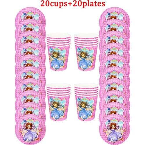 40Pcs Cartoon Disney Sofia Theme Kids Birthday Party Disposable Tableware Sets Paper Cup Plate Girls Party Decoration Supplies