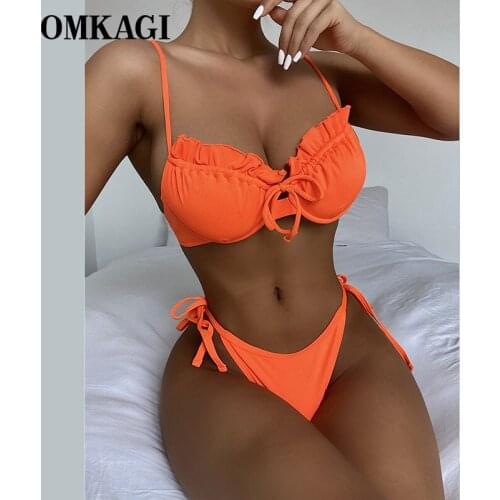 OMKAGI Bikini 2021 Swimwear Sexy Solid Push Up Bandage New Bikinis Set Swimming Bathing Suit Beachwear Brazilian Swimsuit Women