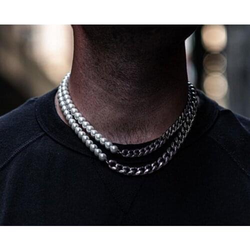 Stainless Steel Pearl chain Necklace for Men Women Fashion Miami Cuba Chain Hiphop Punk Choker Collar Neck Chain Jewelry colar