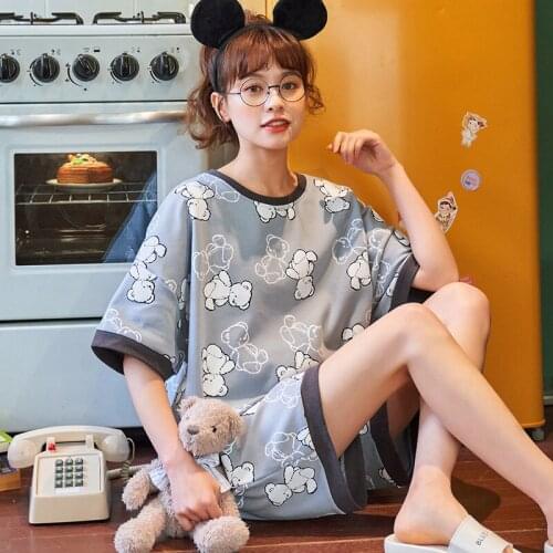 For Women Summer Sweet Girls Sleepwear Kawaii Little Bear Cartoon Pajamas Set Fashion Plus Size Cotton Short Sleeve Home Suit